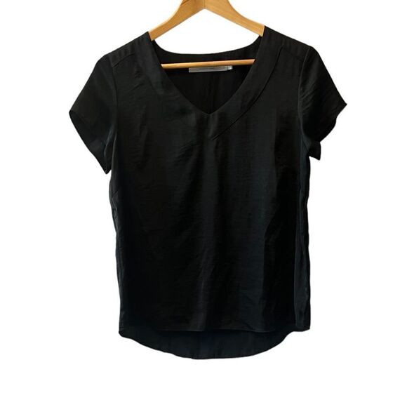CONTEMPORAINE Black Sateen Finish V Neck Short Sleeve Dressy Top S - Picture 1 of 8